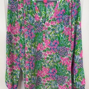 Lilly Pulitzer Pink Floral Elastic-Waist Skirt with Green & Blue Accents